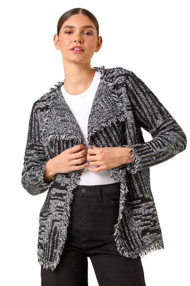 Roman Charcoal Textured Fringe Collar Detail Cardigan