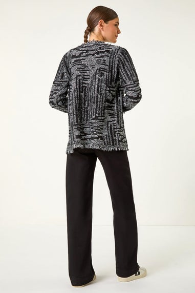 Roman Charcoal Textured Fringe Collar Detail Cardigan