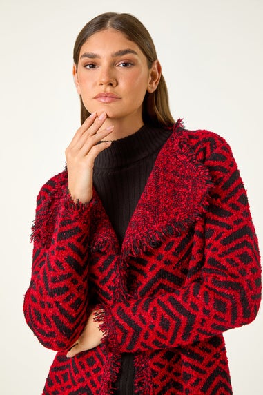 Roman Red Geometric Fringe Collared Cardigan