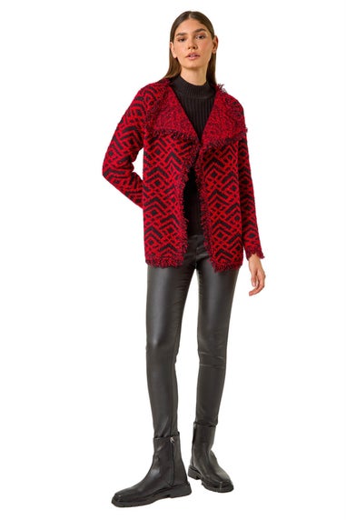 Roman Red Geometric Fringe Collared Cardigan