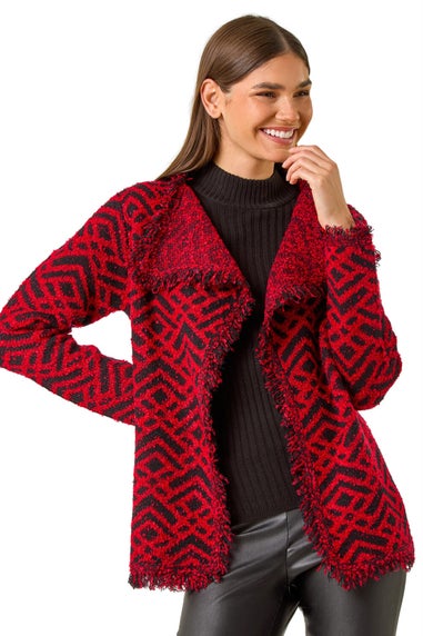 Roman Red Geometric Fringe Collared Cardigan