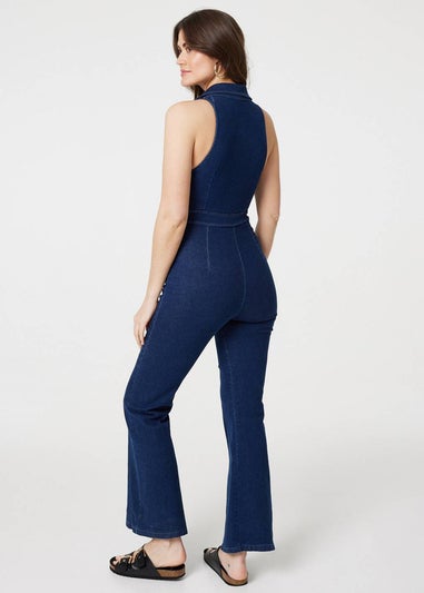 Izabel London Blue Denim Zip Front Flared Jumpsuit