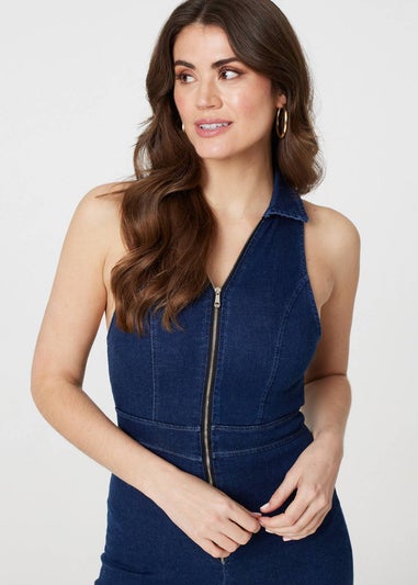 Izabel London Blue Denim Zip Front Flared Jumpsuit