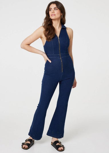 Izabel London Blue Denim Zip Front Flared Jumpsuit