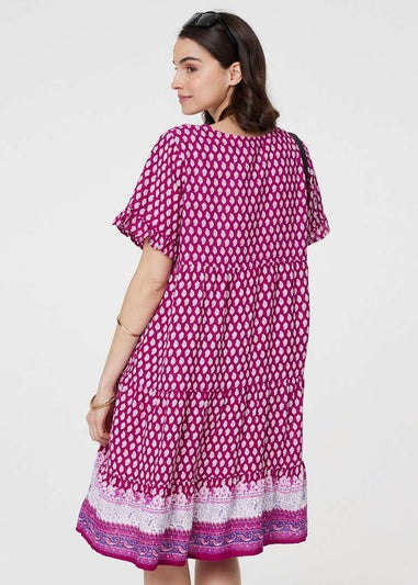 Izabel London Pink Printed Short Sleeve Tiered Smock Dress