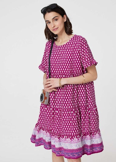 Izabel London Pink Printed Short Sleeve Tiered Smock Dress