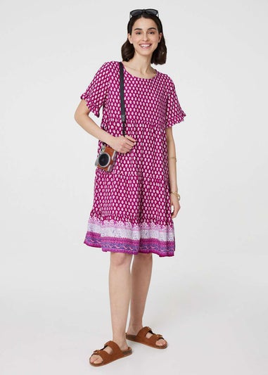 Izabel London Pink Printed Short Sleeve Tiered Smock Dress