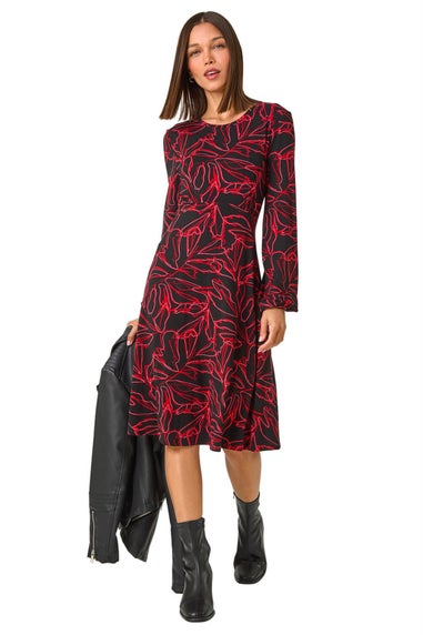 Roman Red Leaf Print Stretch Tea Dress