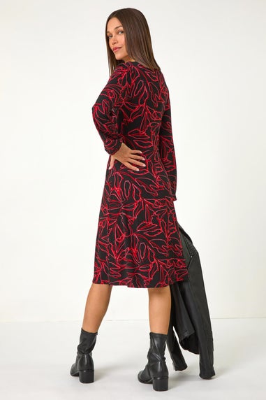 Roman Red Leaf Print Stretch Tea Dress