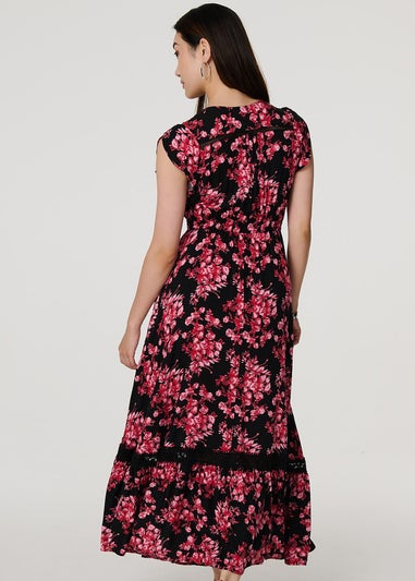 Izabel London Black Floral Cap Sleeve Tiered Maxi Dress