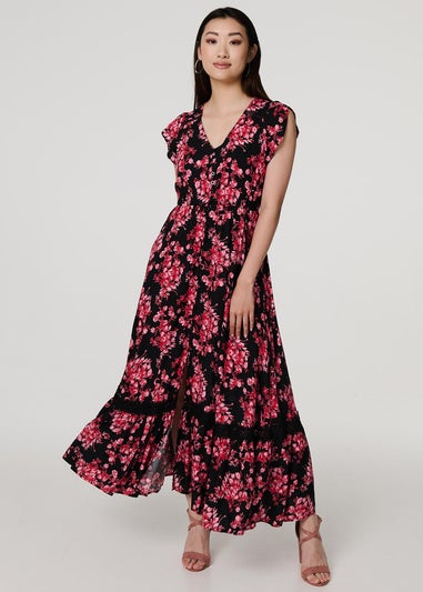 Izabel London Black Floral Cap Sleeve Tiered Maxi Dress