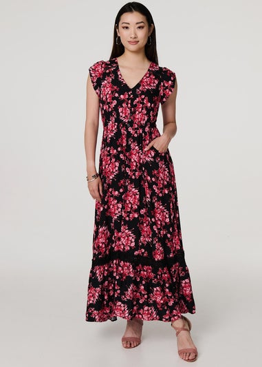 Izabel London Black Floral Cap Sleeve Tiered Maxi Dress