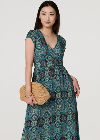 Izabel London Green Printed V-Neck Cap Sleeve Midi Dress