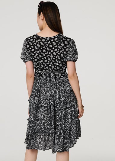 Izabel London Black Floral Short Sleeve Tiered Skater Dress