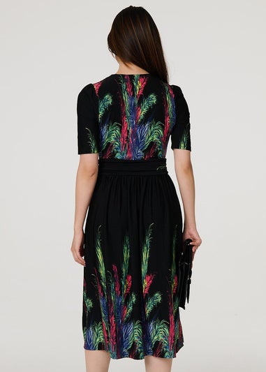 Izabel London Green Feather Print Faux Wrap Front Midi Dress