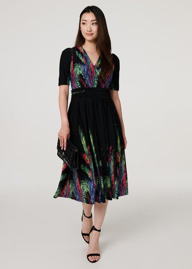 Izabel London Green Feather Print Faux Wrap Front Midi Dress