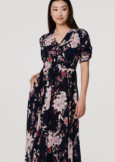 Izabel London Navy Floral 3/4 Sleeve A-Line Maxi Dress