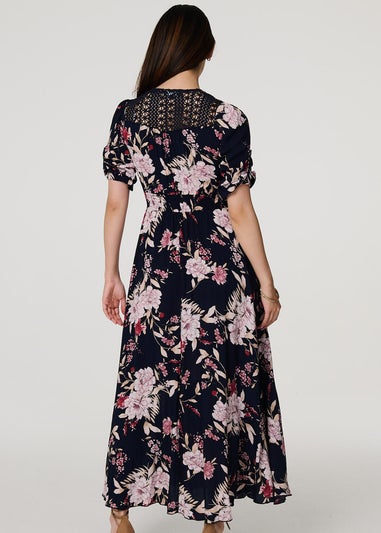 Izabel London Navy Floral 3/4 Sleeve A-Line Maxi Dress