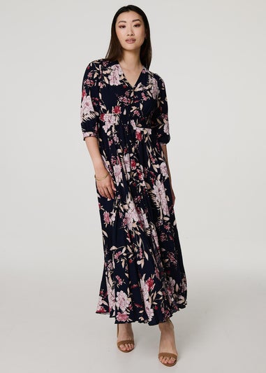 Izabel London Navy Floral 3/4 Sleeve A-Line Maxi Dress