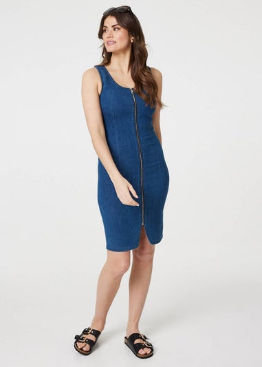 Izabel London Blue Denim Sleeveless Zip Front Shift Dress