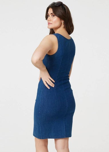 Izabel London Blue Denim Sleeveless Zip Front Shift Dress