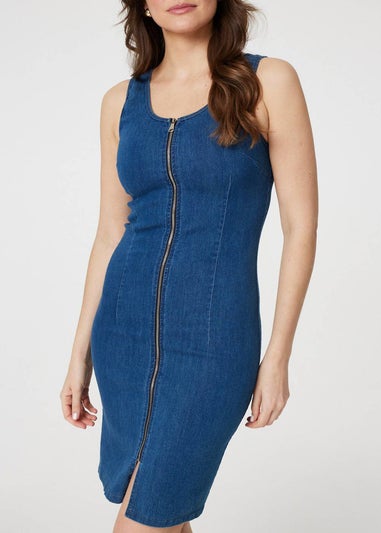 Izabel London Blue Denim Sleeveless Zip Front Shift Dress