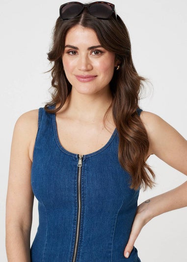 Izabel London Blue Denim Sleeveless Zip Front Shift Dress