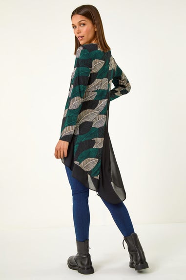 Roman Teal Leaf Print Chiffon Dipped Hem Top