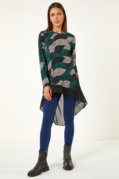 Roman Teal Leaf Print Chiffon Dipped Hem Top