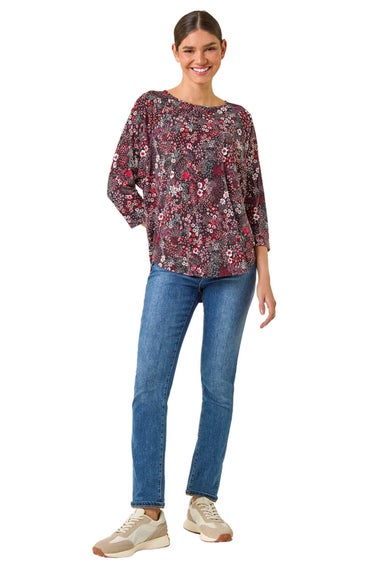 Roman Red Textured Ditsy Floral Stretch Top