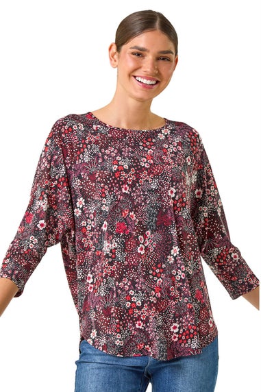 Roman Red Textured Ditsy Floral Stretch Top