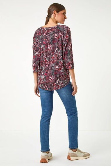 Roman Red Textured Ditsy Floral Stretch Top