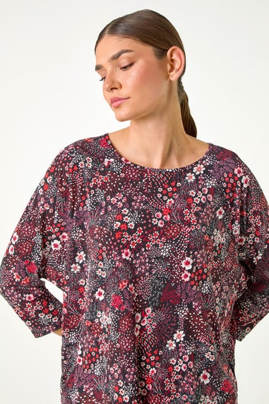 Roman Red Textured Ditsy Floral Stretch Top