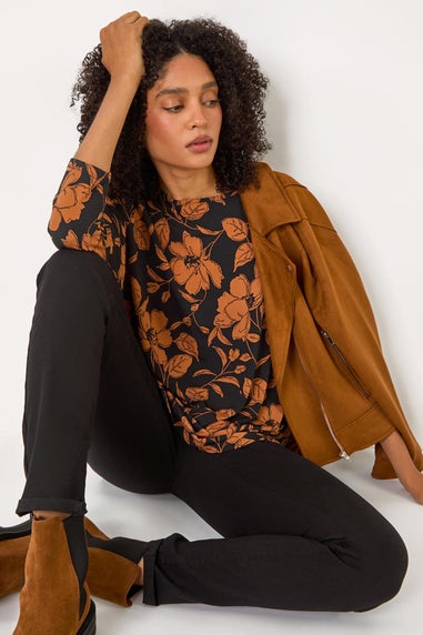 Roman Tan Leaf Print Raglan Sleeve Stretch Top