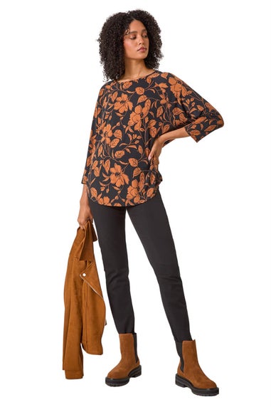 Roman Tan Leaf Print Raglan Sleeve Stretch Top