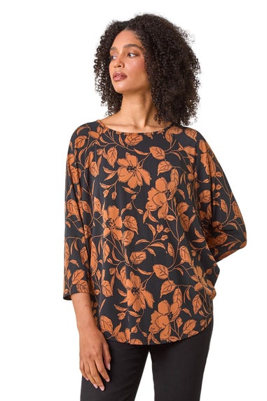 Roman Tan Leaf Print Raglan Sleeve Stretch Top