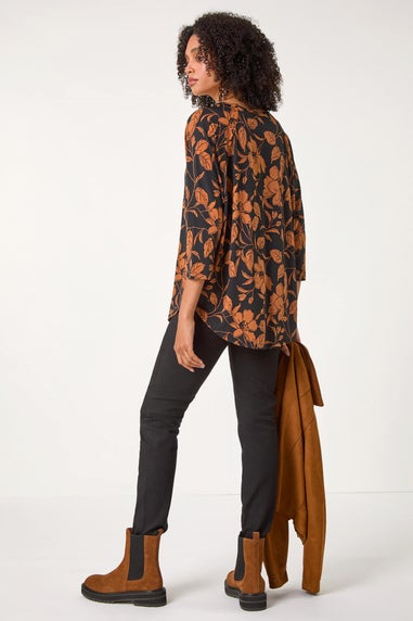 Roman Tan Leaf Print Raglan Sleeve Stretch Top