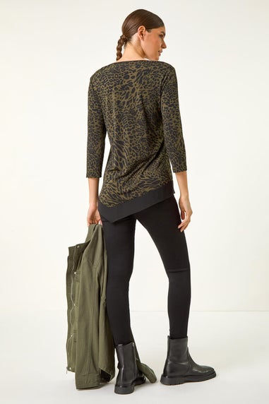 Roman Khaki Animal Print Chiffon Asymmetric Hem Top