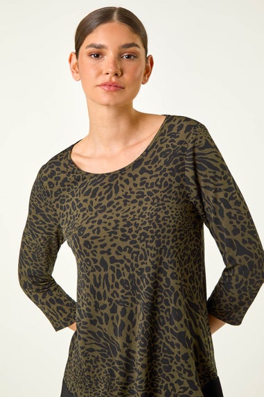 Roman Khaki Animal Print Chiffon Asymmetric Hem Top