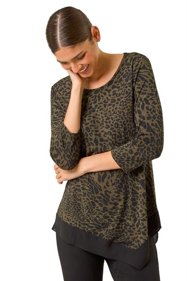 Roman Khaki Animal Print Chiffon Asymmetric Hem Top