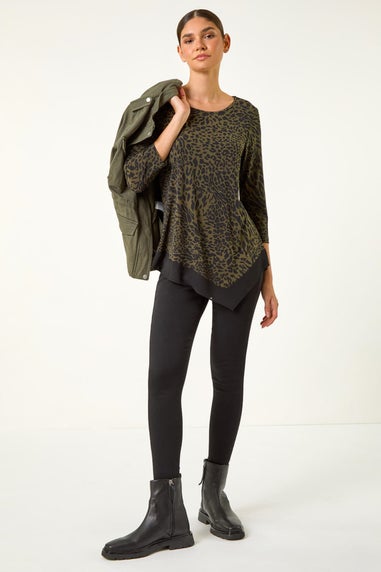 Roman Khaki Animal Print Chiffon Asymmetric Hem Top