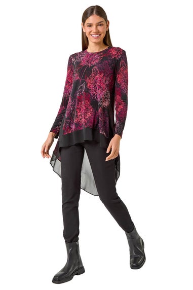 Roman Burgundy Foliage Puff Print Chiffon Hem Top