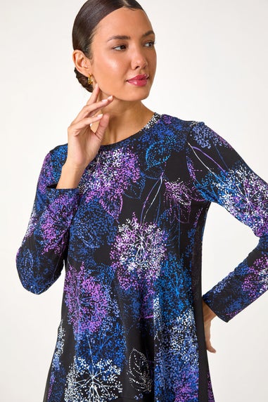 Roman Purple Foliage Puff Print Chiffon Hem Top