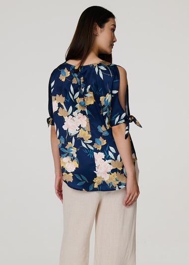 Izabel London Navy Floral Split Sleeve Satin Blouse