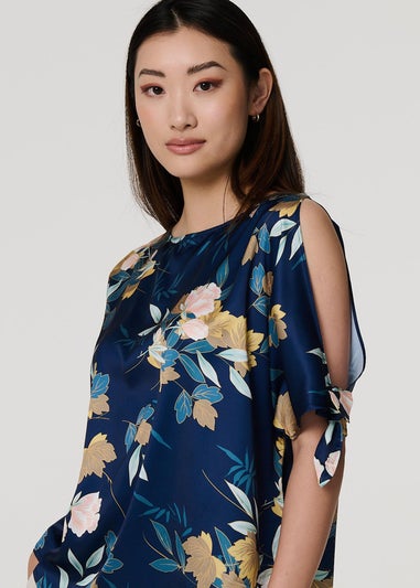 Izabel London Navy Floral Split Sleeve Satin Blouse