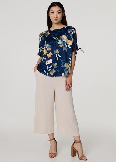 Izabel London Navy Floral Split Sleeve Satin Blouse