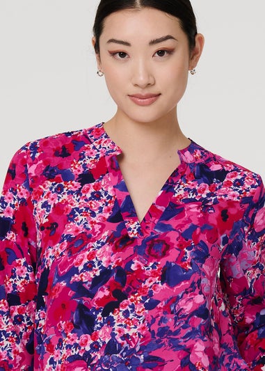 Izabel London Pink Floral 3/4 Sleeve Collarless Blouse