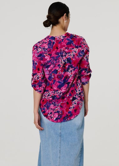 Izabel London Pink Floral 3/4 Sleeve Collarless Blouse