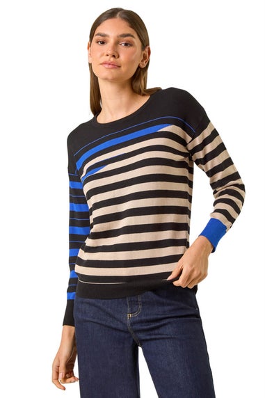 Roman Ink Blue Crew Neck Contrast Stripe Knit Jumper