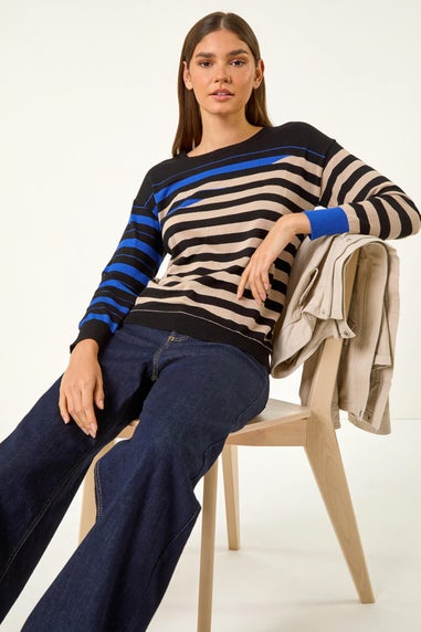 Roman Ink Blue Crew Neck Contrast Stripe Knit Jumper